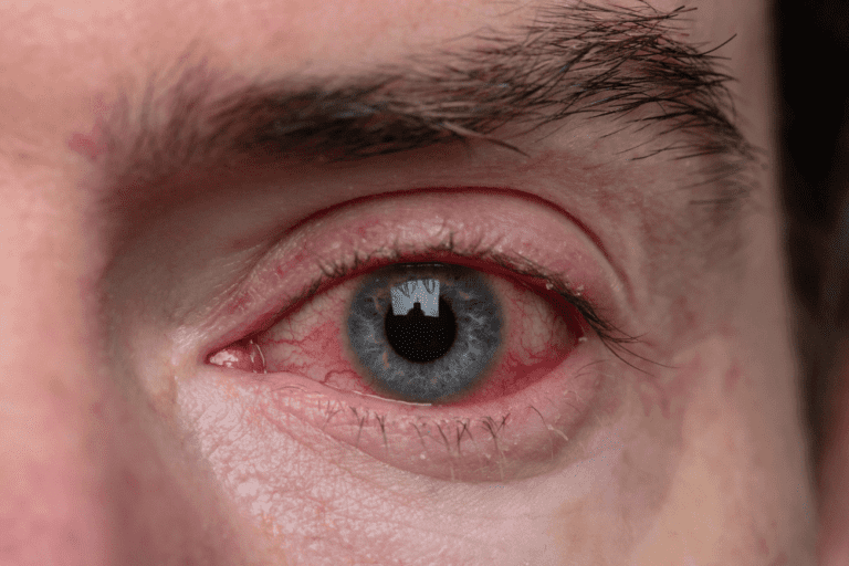 Close-up of a bloodshot blue eye, a telltale sign of boofing drugs. Prosperity Haven