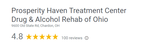 Screenshot showing a 4.8-star rating from 100 reviews for Prosperity Haven Treatment Center, Drug & Alcohol Rehab of Ohio, located at 9600 Old State Rd, Chardon, OH. Visit our website to read more about our exceptional staff profiles.