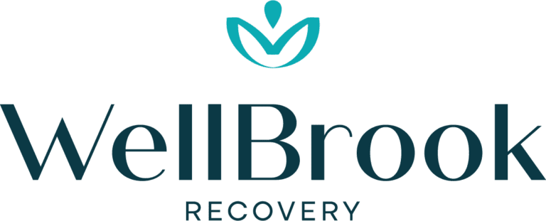 Logo for WellBrook Recovery in Ohio featuring teal and dark blue text with a stylized leaf symbol above, embodying the prosperity of healing.